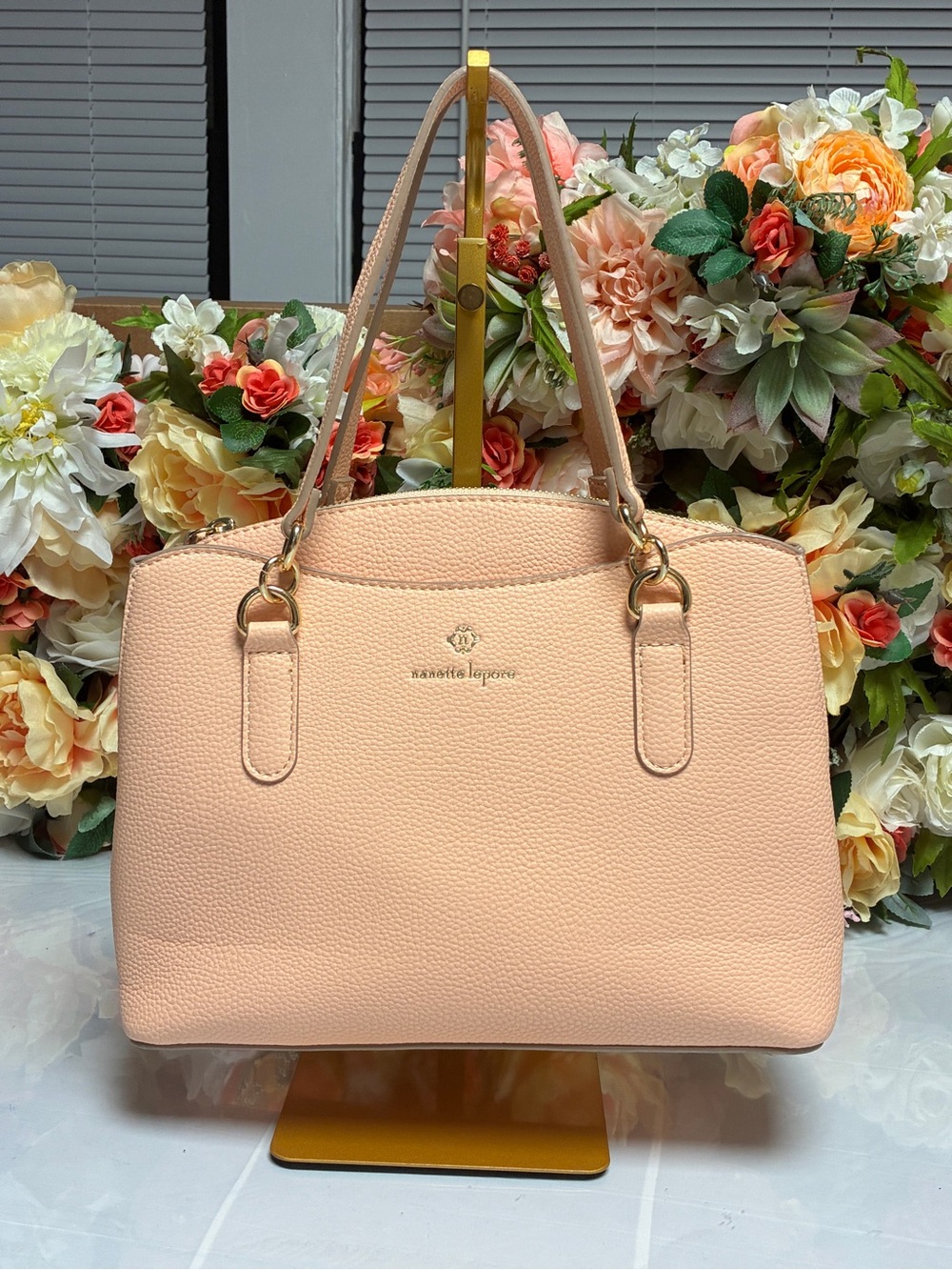Nanette Lepore Pebbled Faux Leather Satchel Peach Gold Crossbody Shoulder Bag